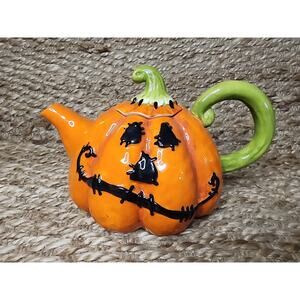 Blue Sky Clayworks fall Halloween Stitched Orange Pumpkin Teapot Jack O’ Lantern